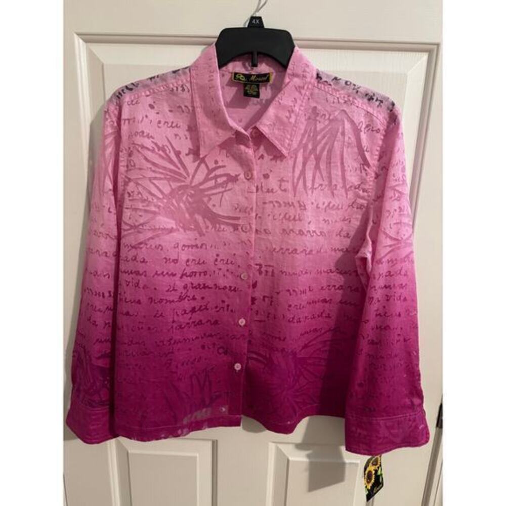 Mirasol New Sheer Pink Ombre Button Up Linen Blouse XL